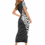 Black New Zealand Puhoro Maori Tattoo Short Sleeve Bodycon Dress LT14