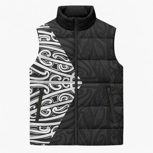 Black New Zealand Puhoro Maori Tattoo Sleeveless Puffer Jacket