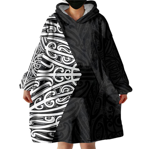 Black New Zealand Puhoro Maori Tattoo Wearable Blanket Hoodie