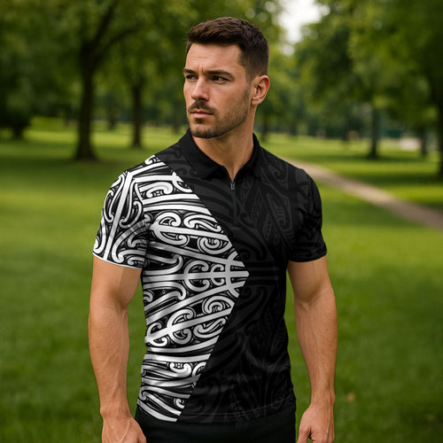 Black New Zealand Puhoro Maori Tattoo Zipper Polo Shirt