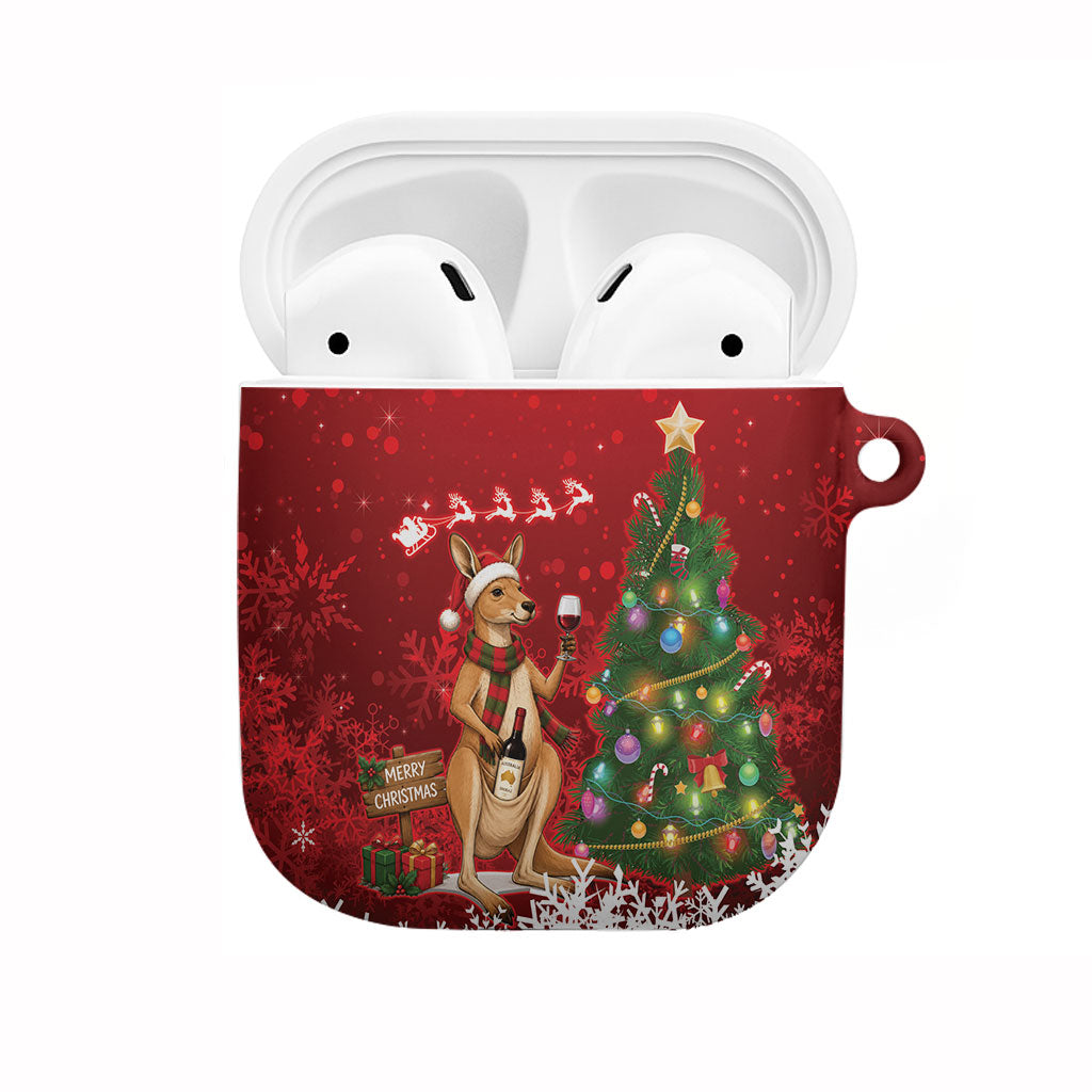 Australia Christmas In July AirPods Case Kangaroo Santa With Aussie Wine