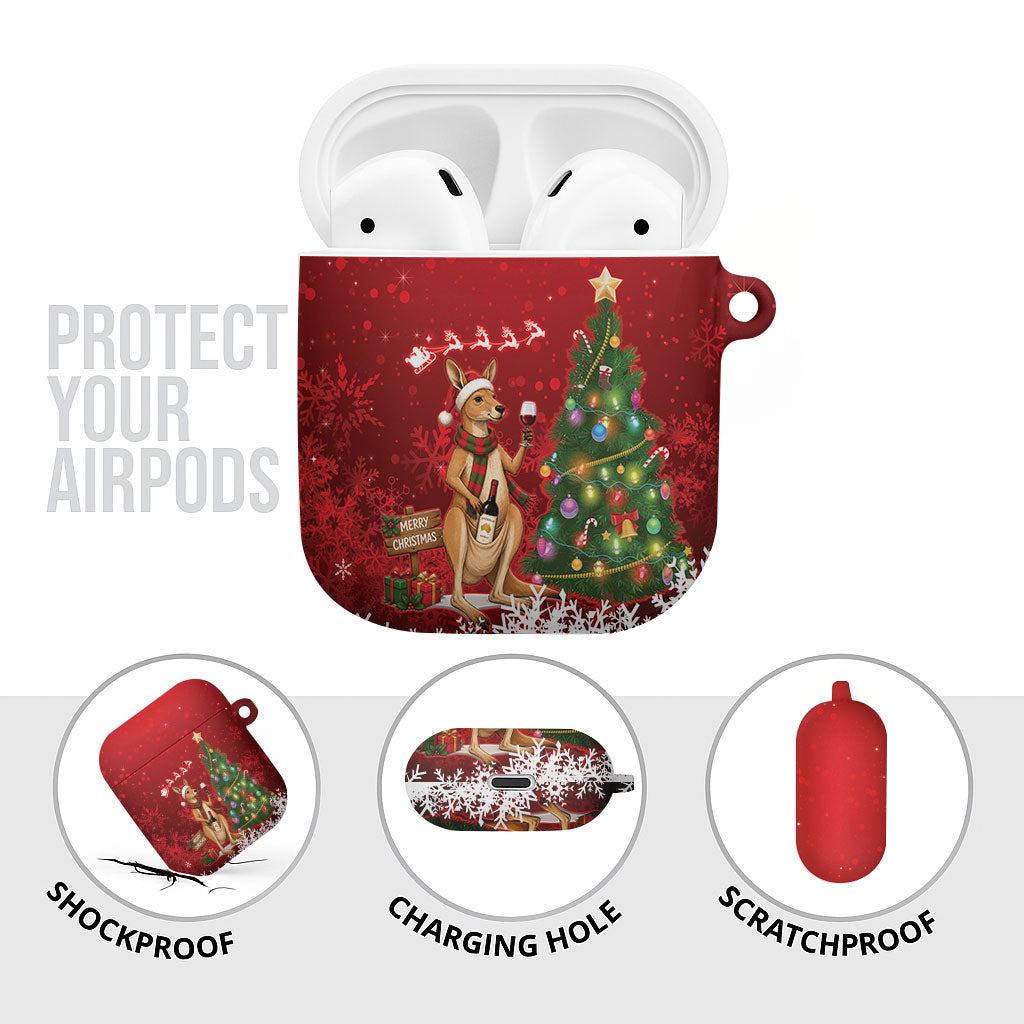 Australia Christmas In July AirPods Case Kangaroo Santa With Aussie Wine