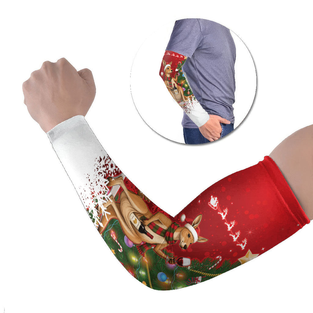 Australia Christmas In July Arm Sleeves Kangaroo Santa With Aussie Wine