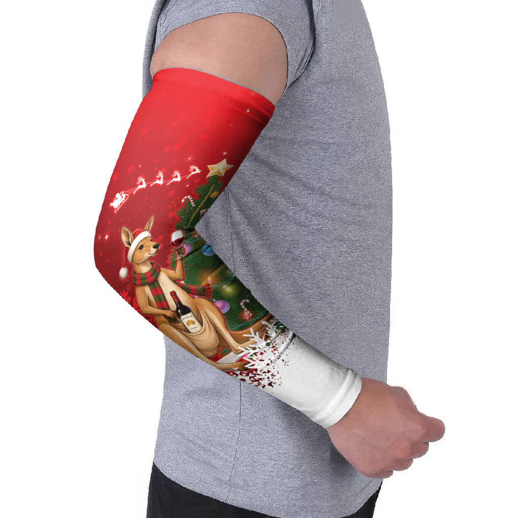 Australia Christmas In July Arm Sleeves Kangaroo Santa With Aussie Wine