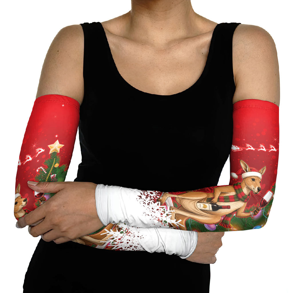 Australia Christmas In July Arm Sleeves Kangaroo Santa With Aussie Wine