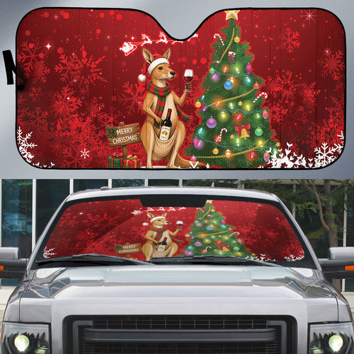 Australia Christmas In July Auto Sun Shade Kangaroo Santa With Aussie Wine