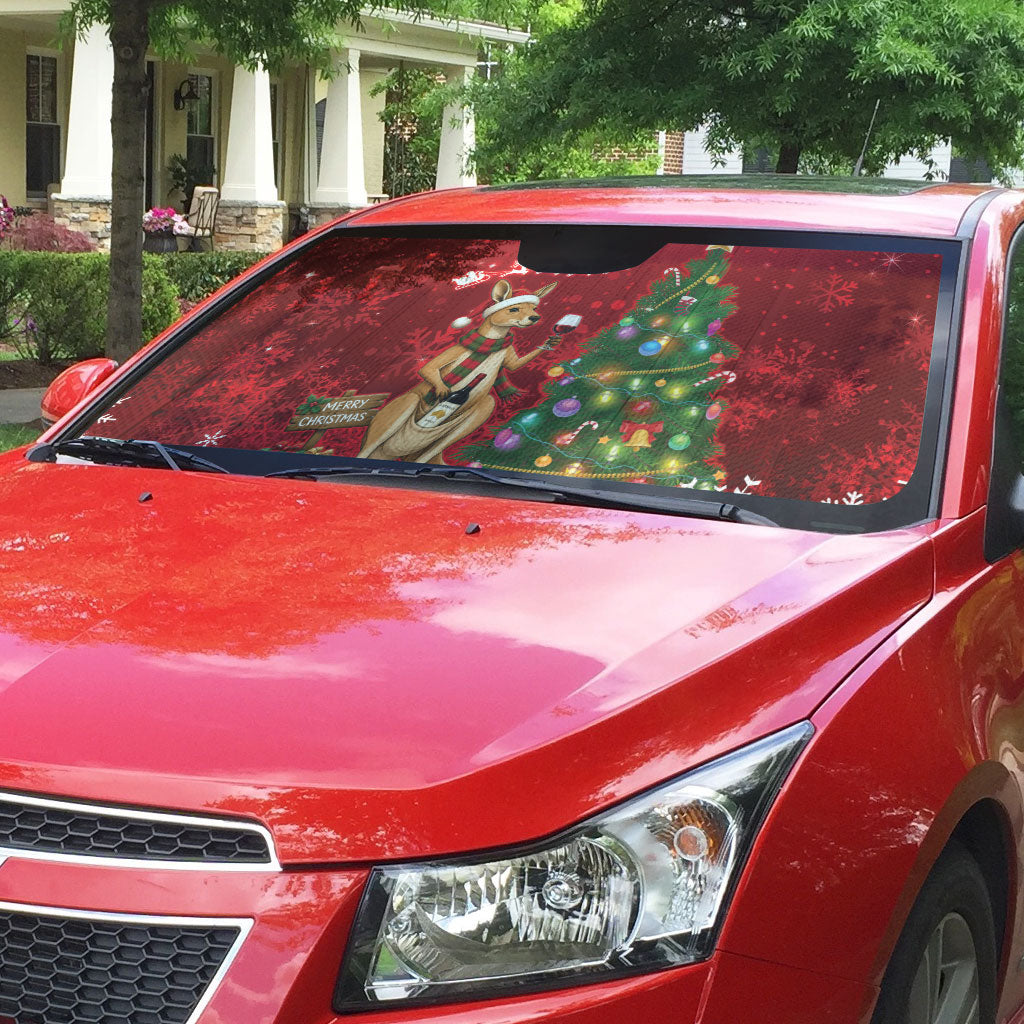 Australia Christmas In July Auto Sun Shade Kangaroo Santa With Aussie Wine