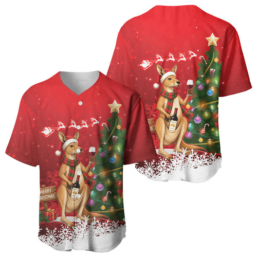 Australia Christmas In July Baseball Jersey Kangaroo Santa With Aussie Wine