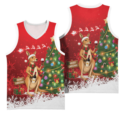 Australia Christmas In July Basketball Jersey Kangaroo Santa With Aussie Wine