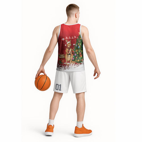 Australia Christmas In July Basketball Jersey Kangaroo Santa With Aussie Wine