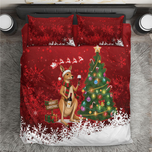 Australia Christmas In July Bedding Set Kangaroo Santa With Aussie Wine
