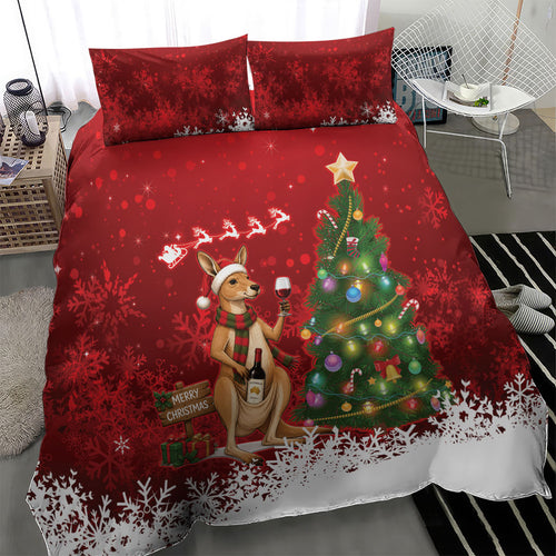 Australia Christmas In July Bedding Set Kangaroo Santa With Aussie Wine