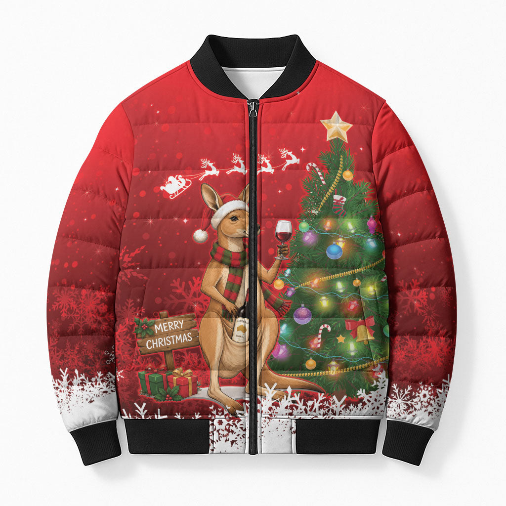 Australia Christmas In July Bomber Puffer Jacket Kangaroo Santa With Aussie Wine