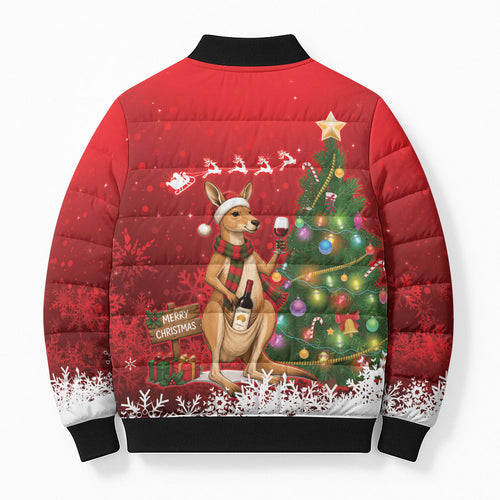 Australia Christmas In July Bomber Puffer Jacket Kangaroo Santa With Aussie Wine
