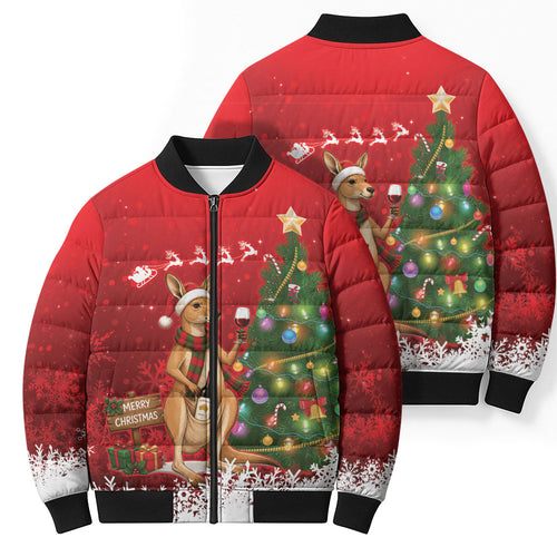 Australia Christmas In July Bomber Puffer Jacket Kangaroo Santa With Aussie Wine