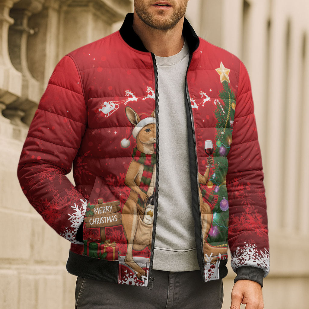 Australia Christmas In July Bomber Puffer Jacket Kangaroo Santa With Aussie Wine