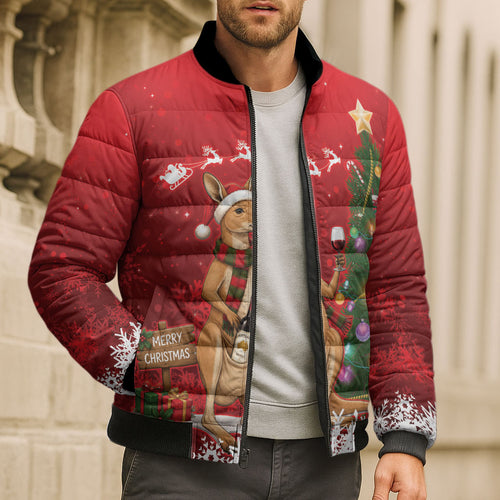 Australia Christmas In July Bomber Puffer Jacket Kangaroo Santa With Aussie Wine