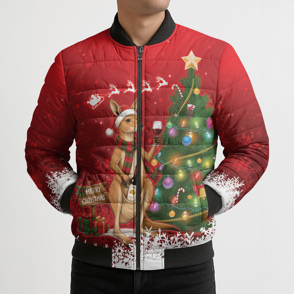 Australia Christmas In July Bomber Puffer Jacket Kangaroo Santa With Aussie Wine