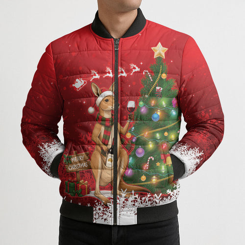 Australia Christmas In July Bomber Puffer Jacket Kangaroo Santa With Aussie Wine
