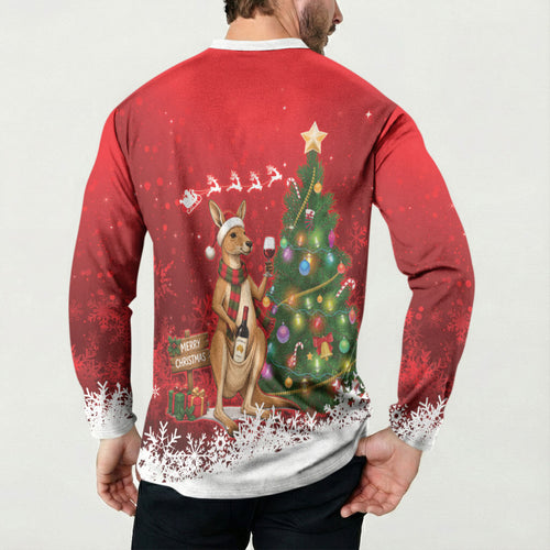Australia Christmas In July Button Sweatshirt Kangaroo Santa With Aussie Wine