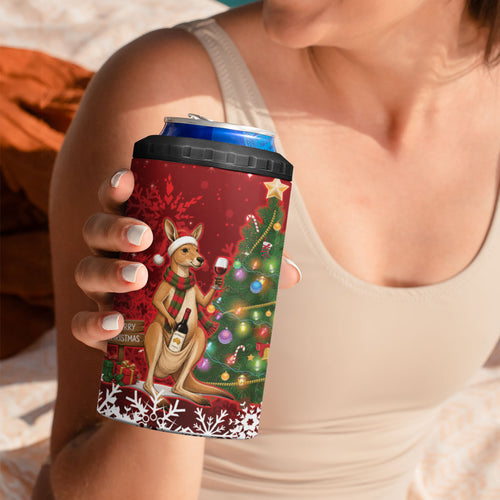 Australia Christmas In July 4 in 1 Can Cooler Tumbler Kangaroo Santa With Aussie Wine