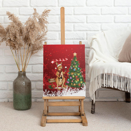 Australia Christmas In July Canvas Wall Art Kangaroo Santa With Aussie Wine