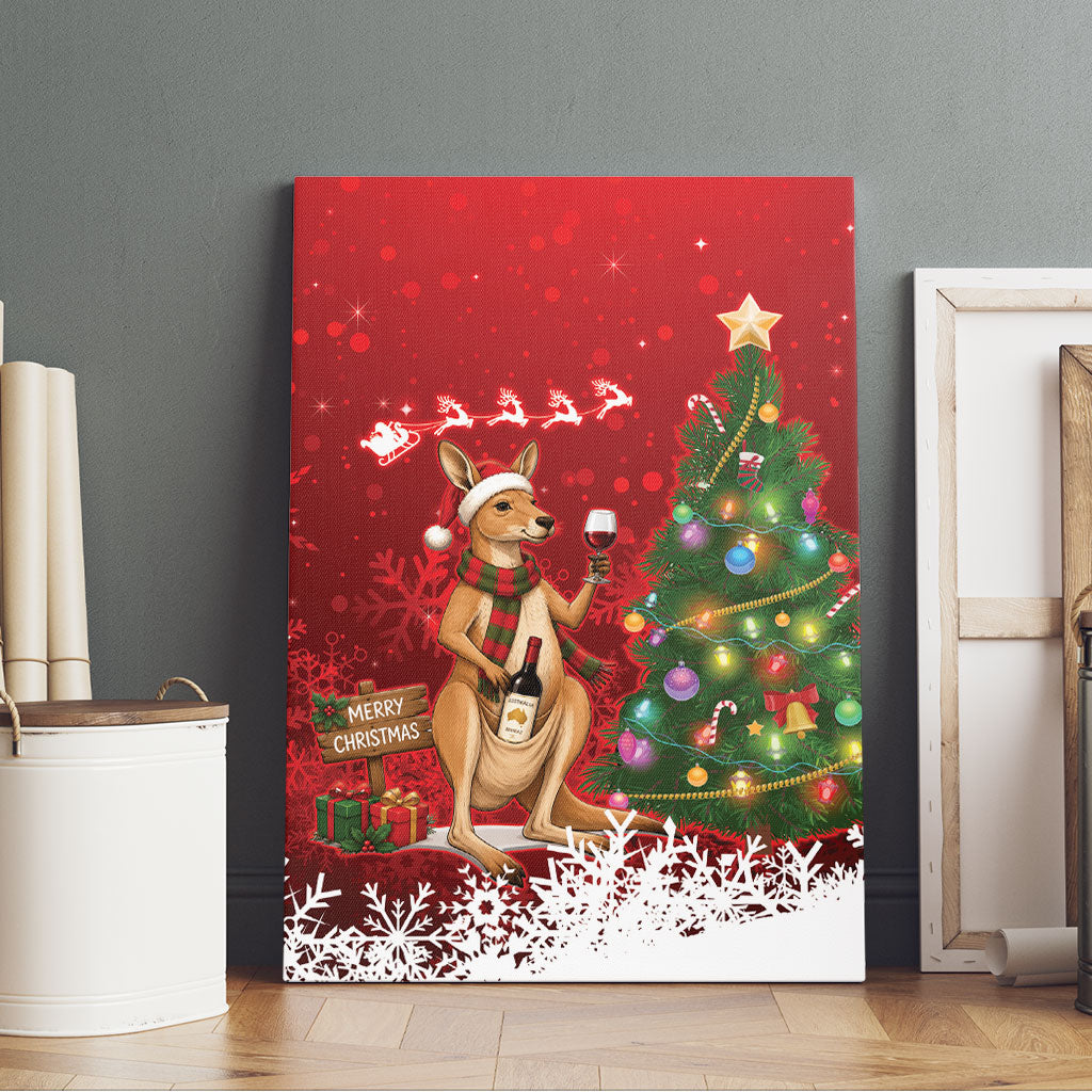 Australia Christmas In July Canvas Wall Art Kangaroo Santa With Aussie Wine