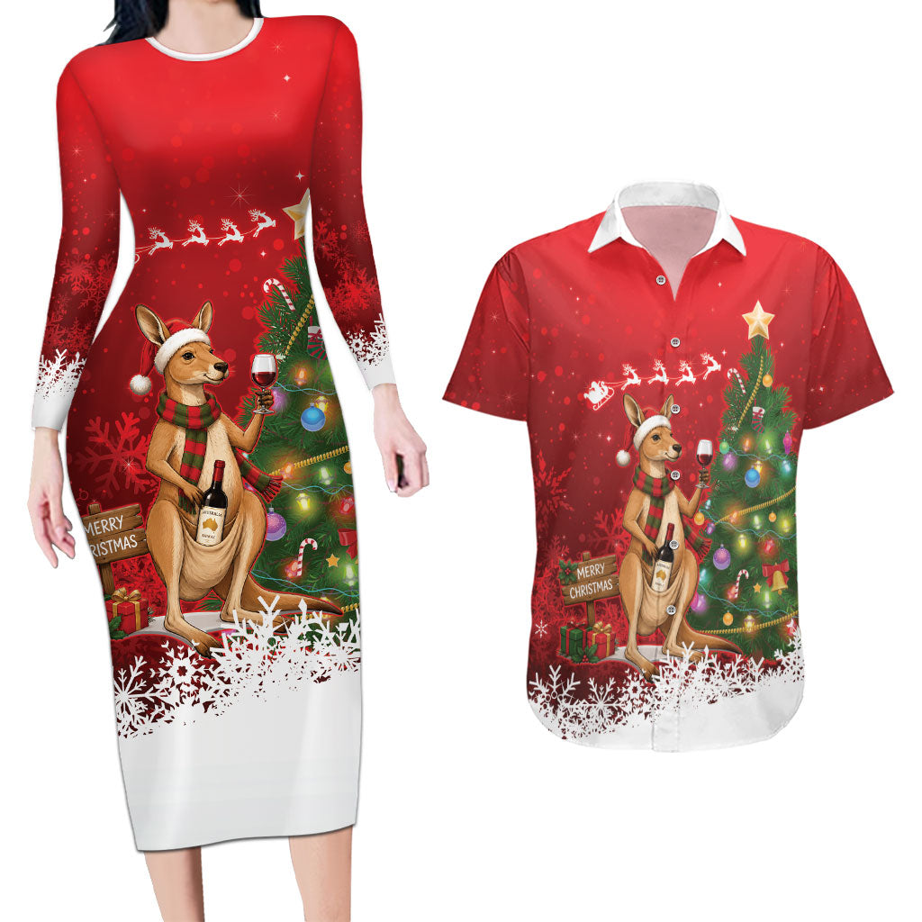 Australia Christmas In July Couples Matching Long Sleeve Bodycon Dress and Hawaiian Shirt Kangaroo Santa With Aussie Wine