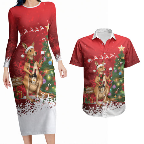Australia Christmas In July Couples Matching Long Sleeve Bodycon Dress and Hawaiian Shirt Kangaroo Santa With Aussie Wine