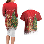 Australia Christmas In July Couples Matching Long Sleeve Bodycon Dress and Hawaiian Shirt Kangaroo Santa With Aussie Wine
