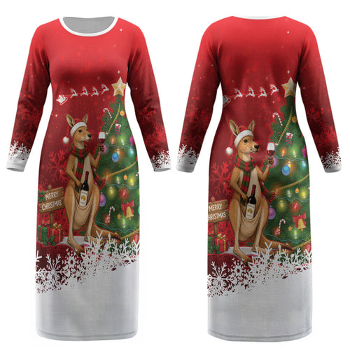Australia Christmas In July Couples Matching Long Sleeve Bodycon Dress and Hawaiian Shirt Kangaroo Santa With Aussie Wine LT14