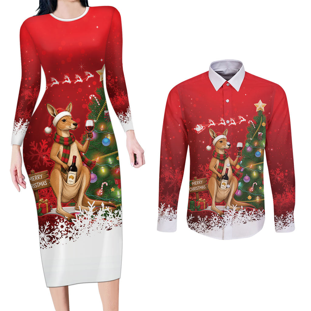 Australia Christmas In July Couples Matching Long Sleeve Bodycon Dress and Long Sleeve Button Shirt Kangaroo Santa With Aussie Wine