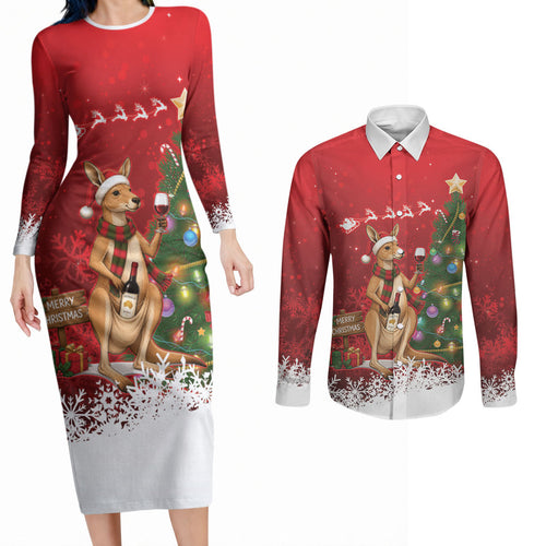 Australia Christmas In July Couples Matching Long Sleeve Bodycon Dress and Long Sleeve Button Shirt Kangaroo Santa With Aussie Wine