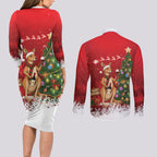 Australia Christmas In July Couples Matching Long Sleeve Bodycon Dress and Long Sleeve Button Shirt Kangaroo Santa With Aussie Wine