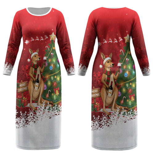 Australia Christmas In July Couples Matching Long Sleeve Bodycon Dress and Long Sleeve Button Shirt Kangaroo Santa With Aussie Wine LT14