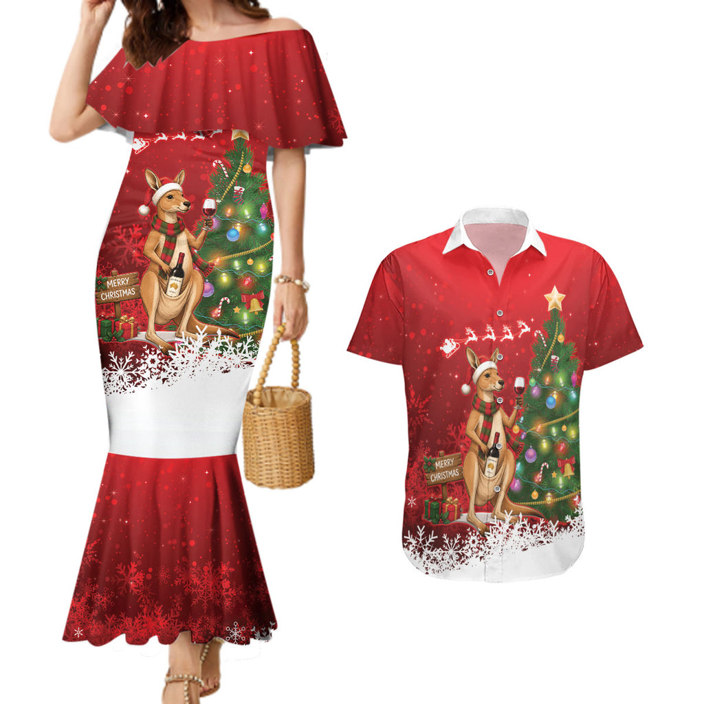 Australia Christmas In July Couples Matching Mermaid Dress and Hawaiian Shirt Kangaroo Santa With Aussie Wine