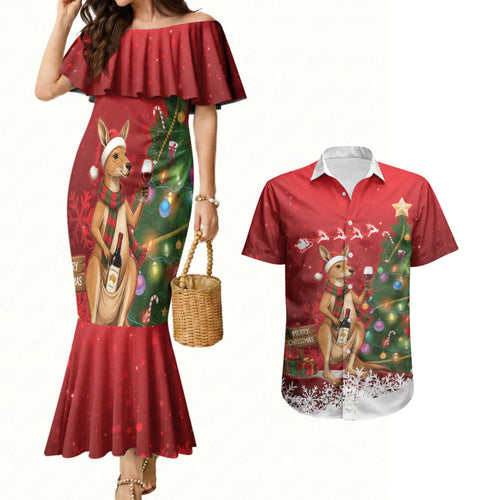 Australia Christmas In July Couples Matching Mermaid Dress and Hawaiian Shirt Kangaroo Santa With Aussie Wine