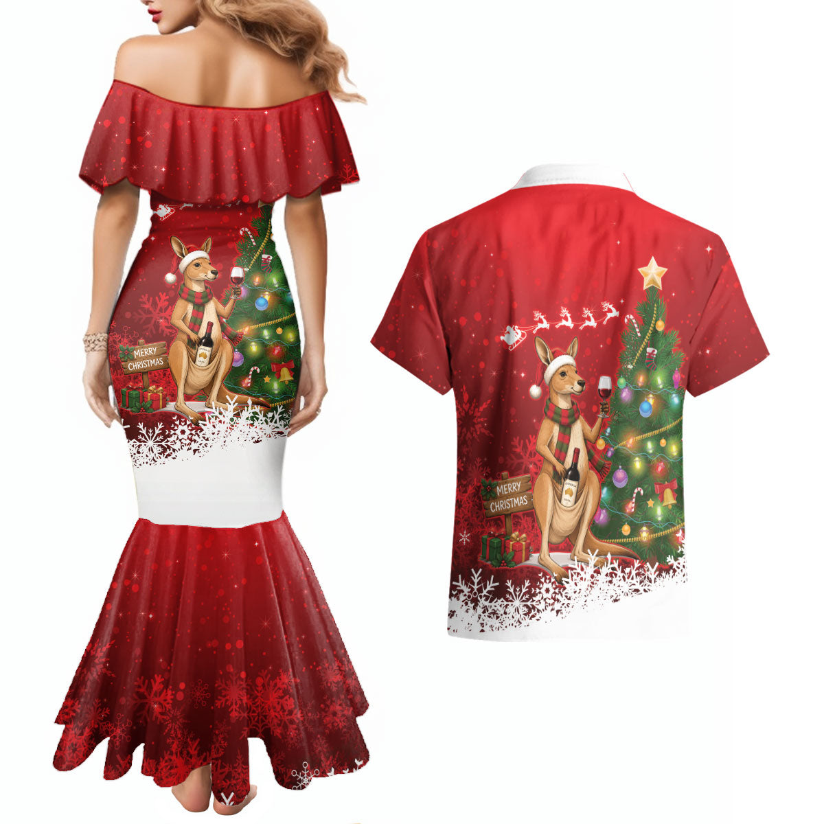 Australia Christmas In July Couples Matching Mermaid Dress and Hawaiian Shirt Kangaroo Santa With Aussie Wine