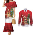 Australia Christmas In July Couples Matching Mermaid Dress and Long Sleeve Button Shirt Kangaroo Santa With Aussie Wine