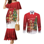 Australia Christmas In July Couples Matching Mermaid Dress and Long Sleeve Button Shirt Kangaroo Santa With Aussie Wine