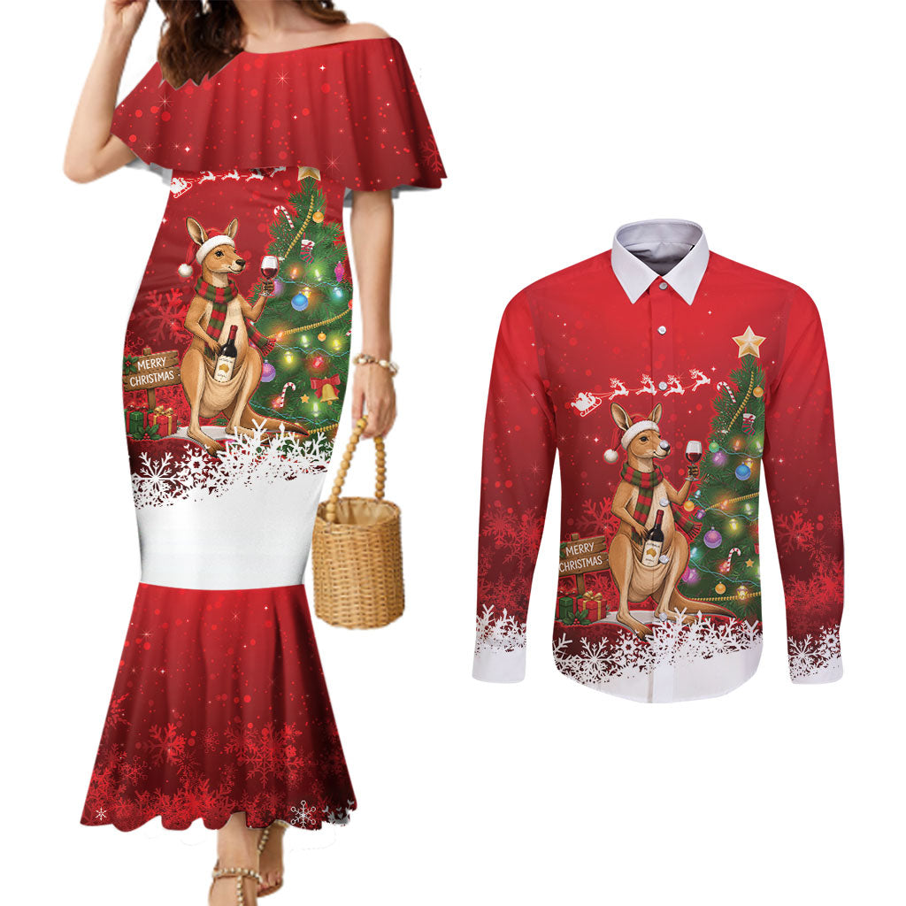 Australia Christmas In July Couples Matching Mermaid Dress and Long Sleeve Button Shirt Kangaroo Santa With Aussie Wine