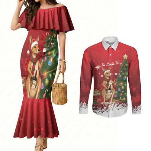Australia Christmas In July Couples Matching Mermaid Dress and Long Sleeve Button Shirt Kangaroo Santa With Aussie Wine