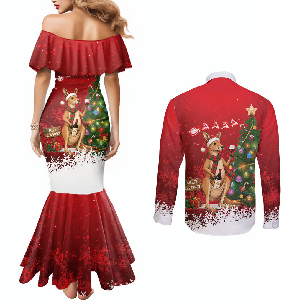 Australia Christmas In July Couples Matching Mermaid Dress and Long Sleeve Button Shirt Kangaroo Santa With Aussie Wine