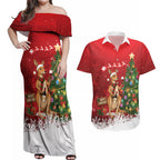 Australia Christmas In July Couples Matching Off Shoulder Maxi Dress and Hawaiian Shirt Kangaroo Santa With Aussie Wine