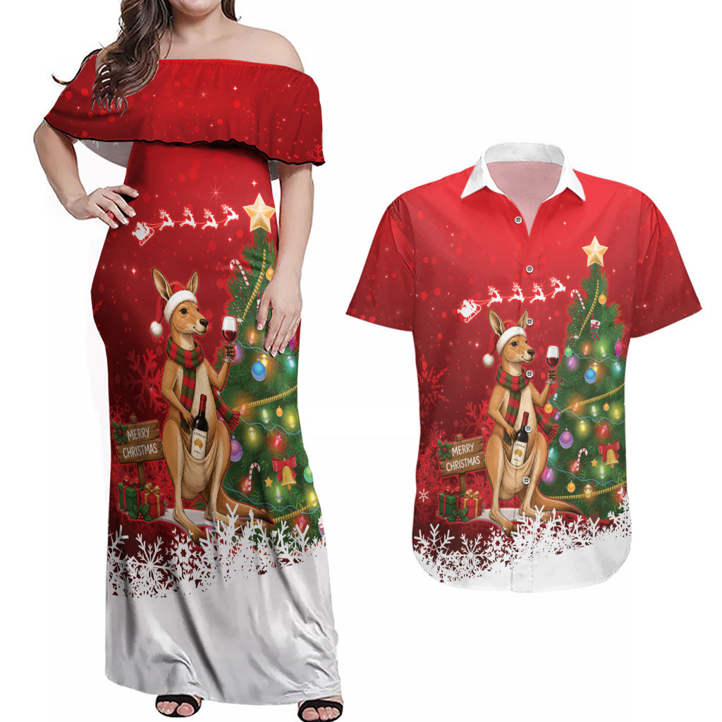 Australia Christmas In July Couples Matching Off Shoulder Maxi Dress and Hawaiian Shirt Kangaroo Santa With Aussie Wine