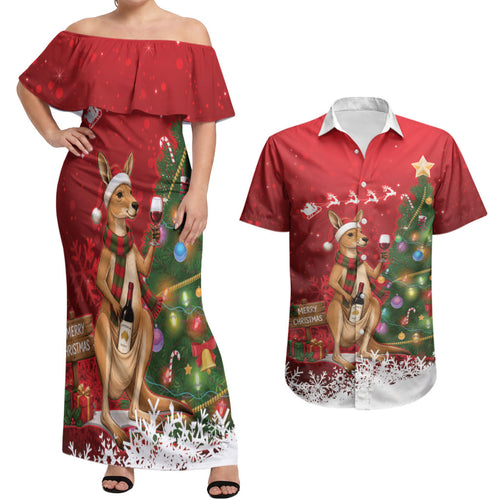 Australia Christmas In July Couples Matching Off Shoulder Maxi Dress and Hawaiian Shirt Kangaroo Santa With Aussie Wine