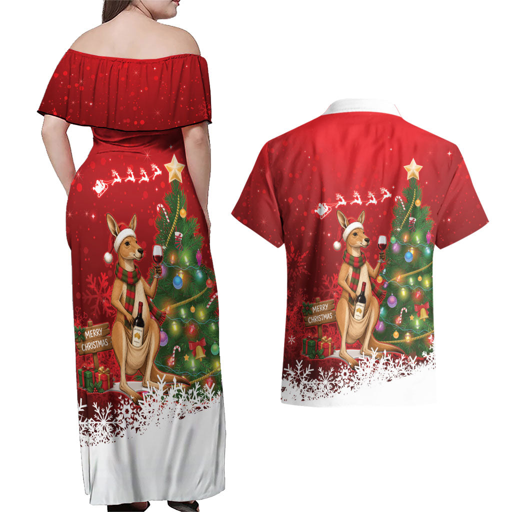 Australia Christmas In July Couples Matching Off Shoulder Maxi Dress and Hawaiian Shirt Kangaroo Santa With Aussie Wine