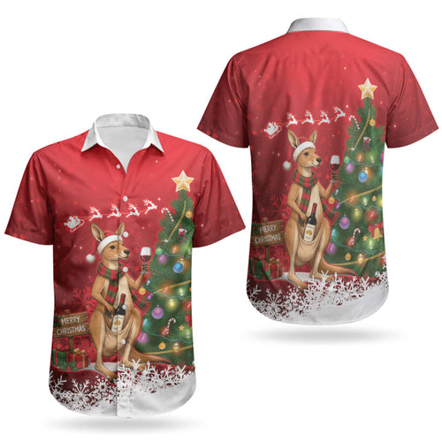 Australia Christmas In July Couples Matching Off Shoulder Maxi Dress and Hawaiian Shirt Kangaroo Santa With Aussie Wine