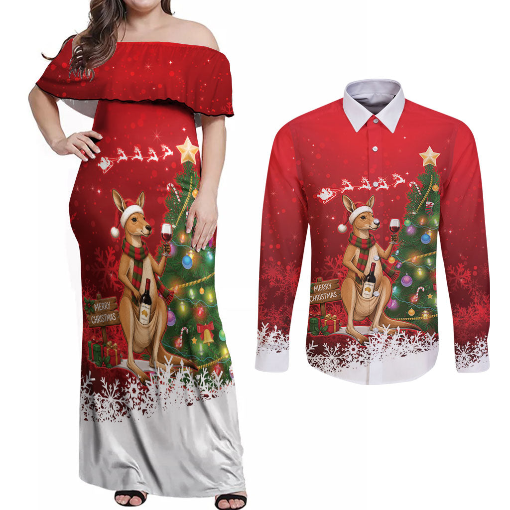 Australia Christmas In July Couples Matching Off Shoulder Maxi Dress and Long Sleeve Button Shirt Kangaroo Santa With Aussie Wine
