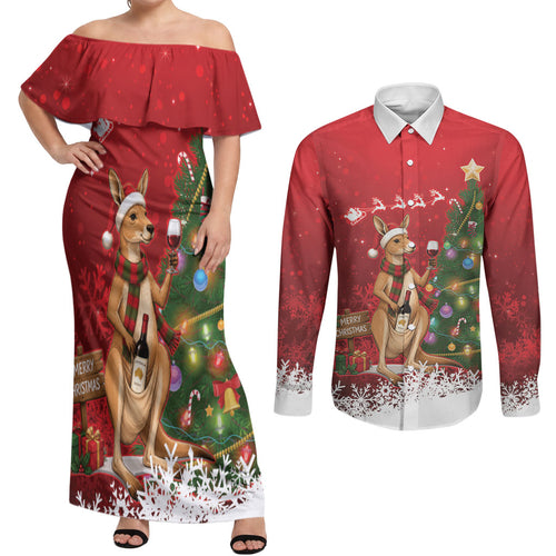 Australia Christmas In July Couples Matching Off Shoulder Maxi Dress and Long Sleeve Button Shirt Kangaroo Santa With Aussie Wine